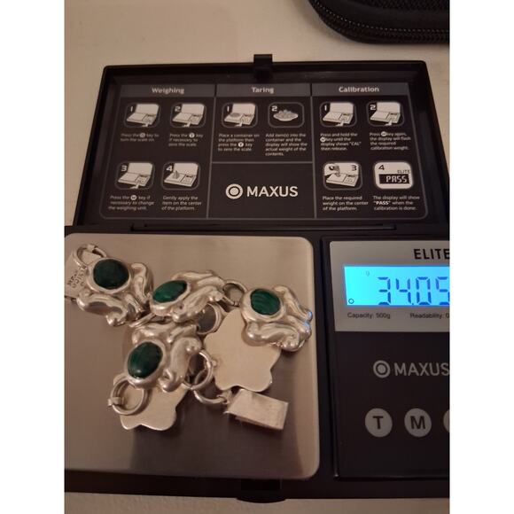 Malachite Link Bracelet, Southwestern, Signed, Mexican, Vintage, Sterling Silver - Picture 12 of 12